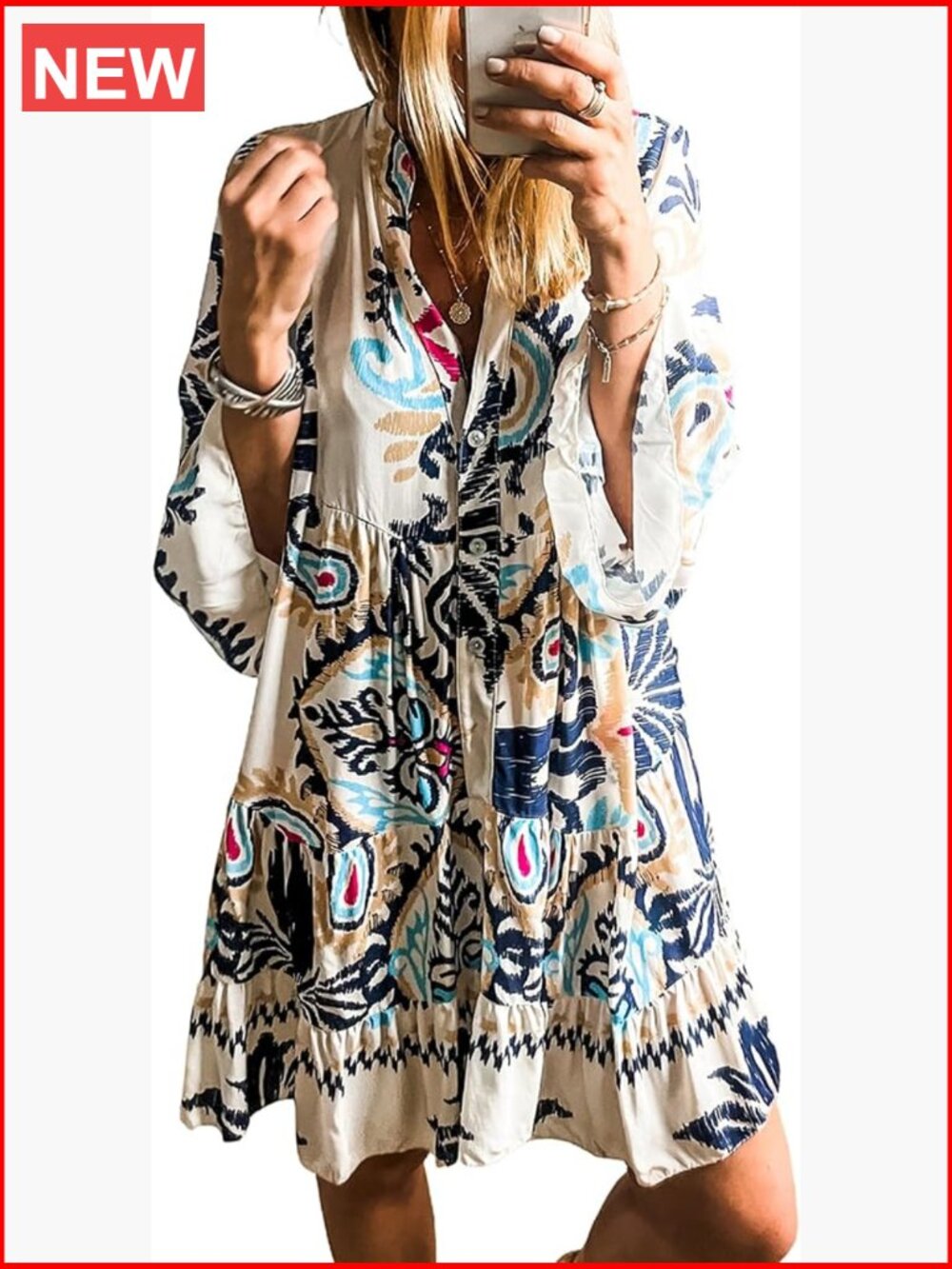 Womens Long Sleeve V Neck Tribal Print Flowy Boho Mini Beach Dress